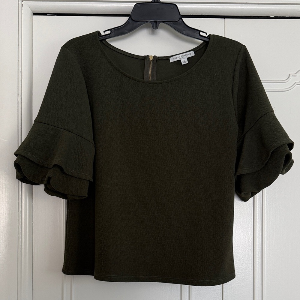 Green Envelope Dark Olive Ruffle Sleeve Top